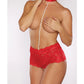 Allure Posh & Spicey Crotchless Panty w/Choker & Pearls - Red O/S