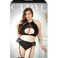 Curve Sadie Lace Overlay Keyhole Halter Top & Gartered Panty Black 1X/2X