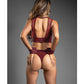 Domina Sheer Mesh & Vegan Leather 3 pc Set w/Crotchless Panty & Handcuffs - Burgundy M/L