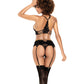 Lace Underwire Bra, Thong & Garterbelt w/Lace Up Detail Black M/L