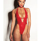 FETISH Submissive V-Plunge Vinyl Teddy w/Removable Chain Harness & Hand Red L/XL