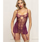 Metallic Lace with Mesh Gartered Chemise & Thong - Plum LG