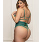Lace and Mesh Open Crotch Teddy w/Gold Straps - Green 1X/2X